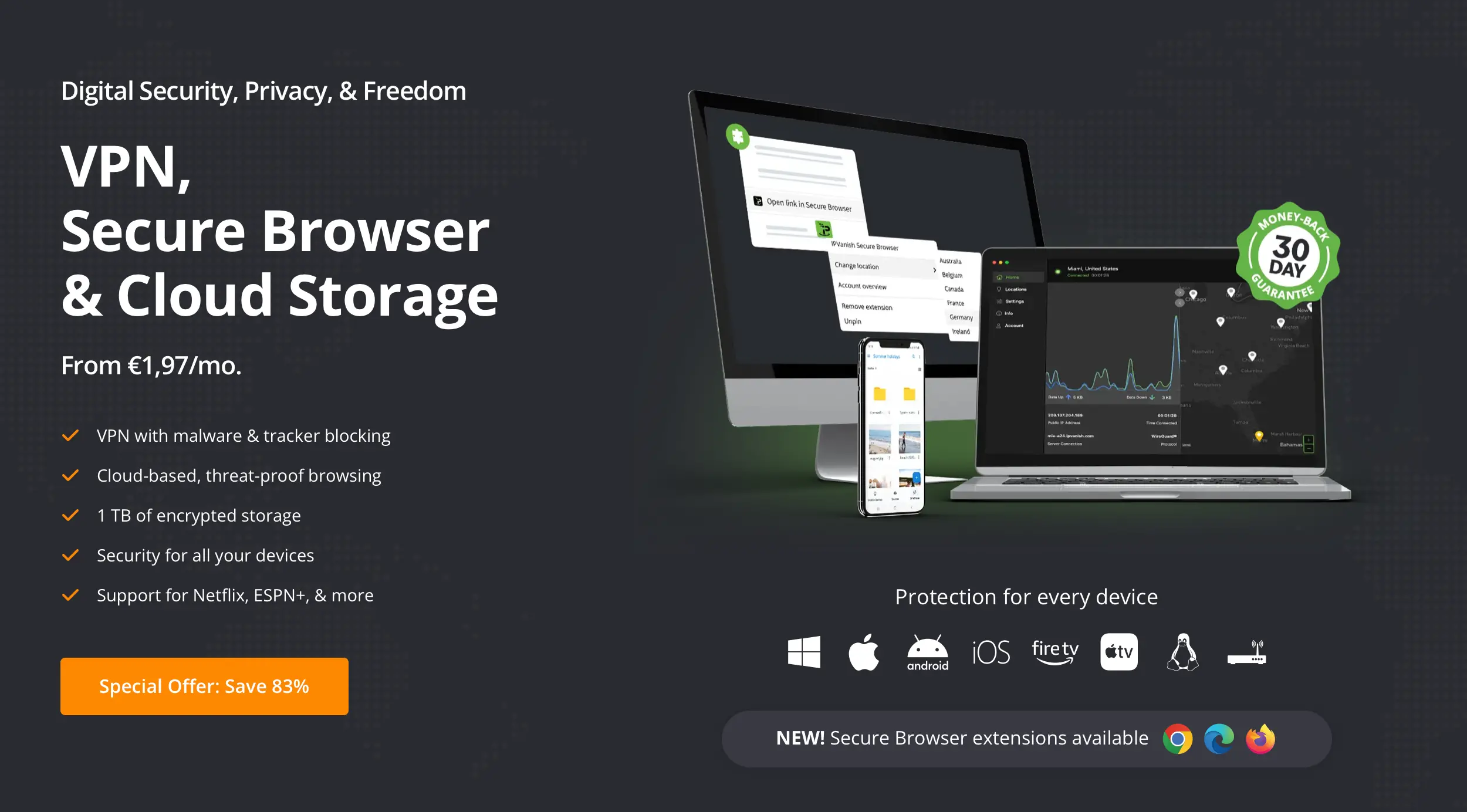 ADS_IPvanish | Venclikovi.com IPVanish ad showing VPN, secure browser, and encrypted cloud storage from €1.97/month, with 83% discount offer and support for all major devices.