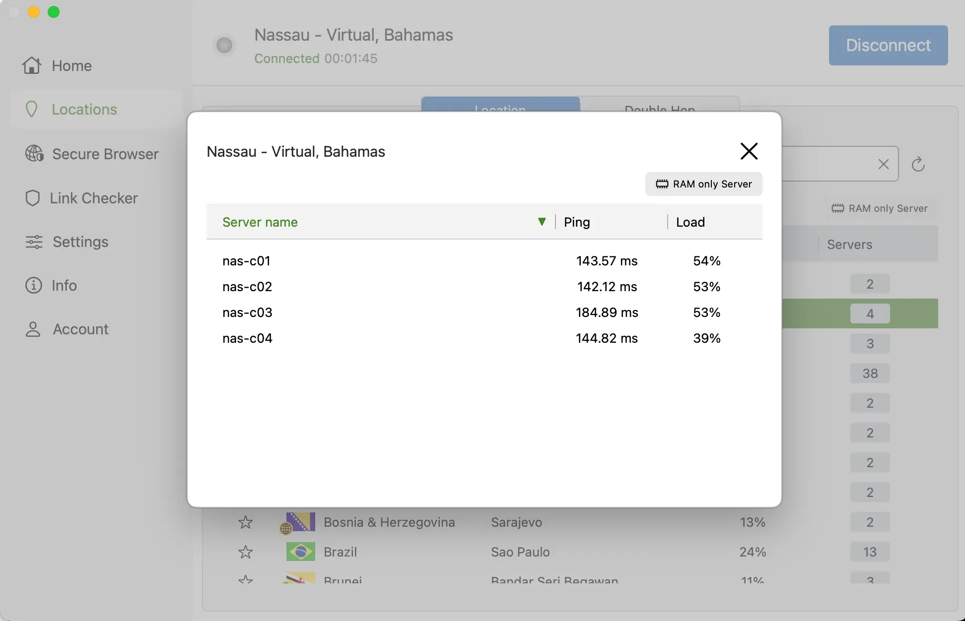 Bahamas 4 virtual server IPVanish | Venclikovi.com List of four virtual IPVanish servers in Nassau, Bahamas, showing ping times and server load for each option.