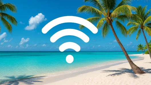 A tropical beach in the Bahamas with turquoise sea, white sand, and palm trees, overlaid with a modern WiFi signal icon representing internet connectivity in paradise.