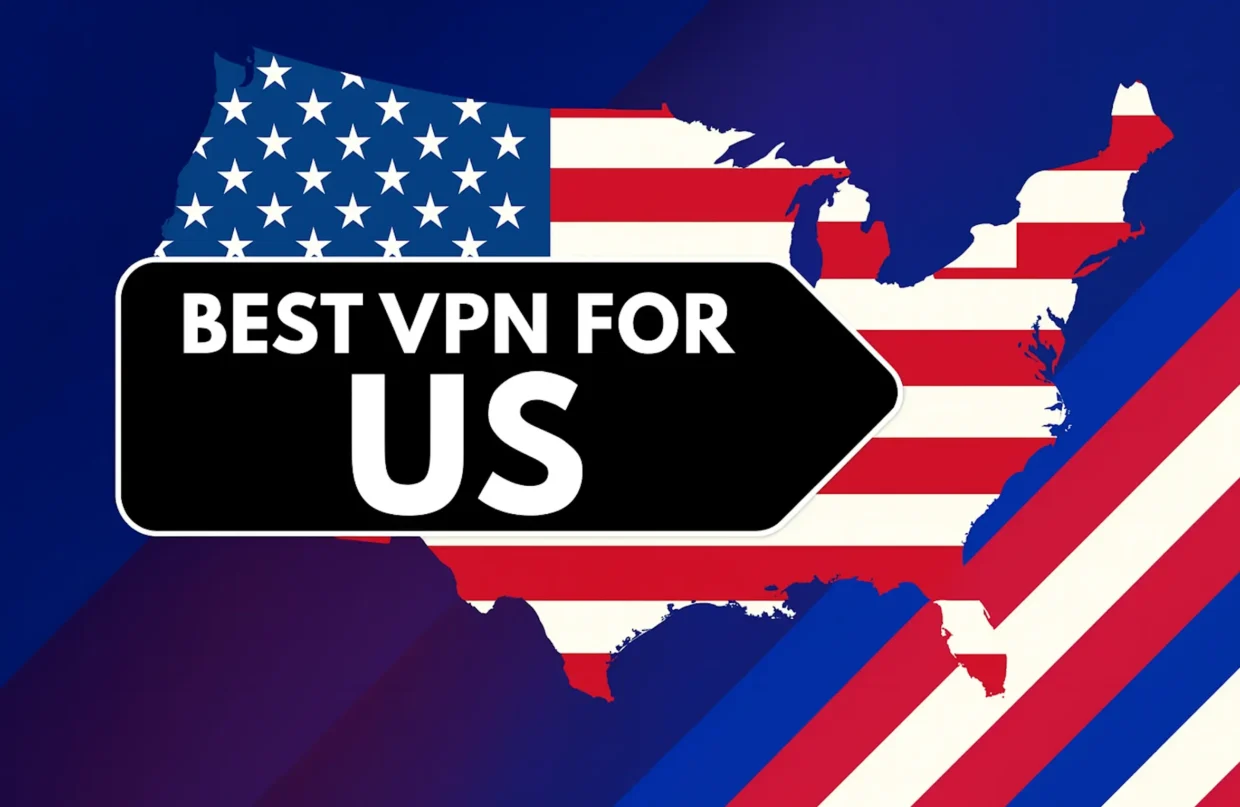 Graphic showing “Best VPN for US” over a USA map filled with the American flag, bold black banner in front, patriotic background with red, white, and blue stripes.