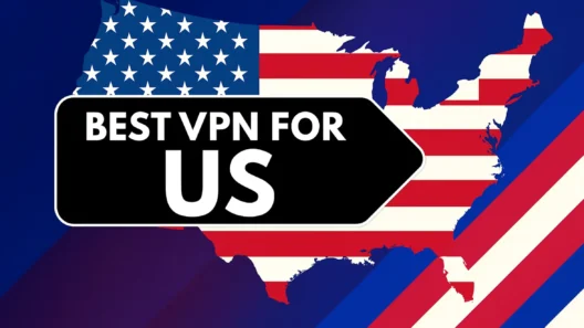 Graphic showing “Best VPN for US” over a USA map filled with the American flag, bold black banner in front, patriotic background with red, white, and blue stripes.