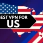 Graphic showing “Best VPN for US” over a USA map filled with the American flag, bold black banner in front, patriotic background with red, white, and blue stripes.