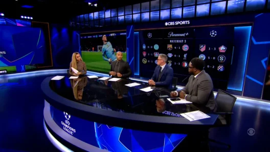 CBS Sports studio panel discussing UEFA Champions League matches streamed on Paramount+, with live scores shown on screen.
