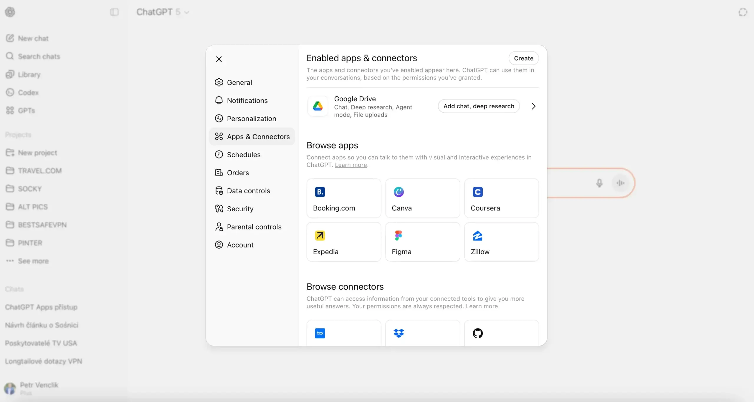 Screenshot of the ChatGPT settings showing the Apps & Connectors menu with enabled Google Drive integration and available apps such as Booking.com, Canva, Coursera, Expedia, Figma, and Zillow.