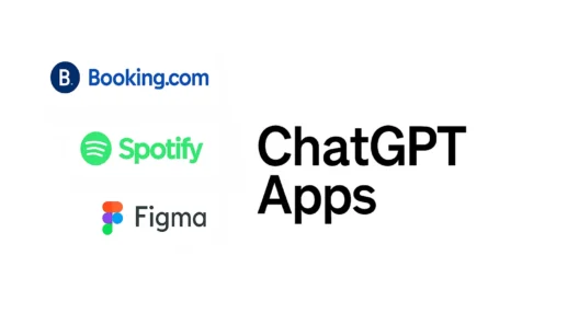Minimalist 16:9 graphic with four app name bubbles on the left — Booking.com in blue, Spotify in green, Figma in multicolor, and an empty top space — and bold black text on the right reading “ChatGPT Apps” on a clean white background.
