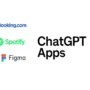 Minimalist 16:9 graphic with four app name bubbles on the left — Booking.com in blue, Spotify in green, Figma in multicolor, and an empty top space — and bold black text on the right reading “ChatGPT Apps” on a clean white background.