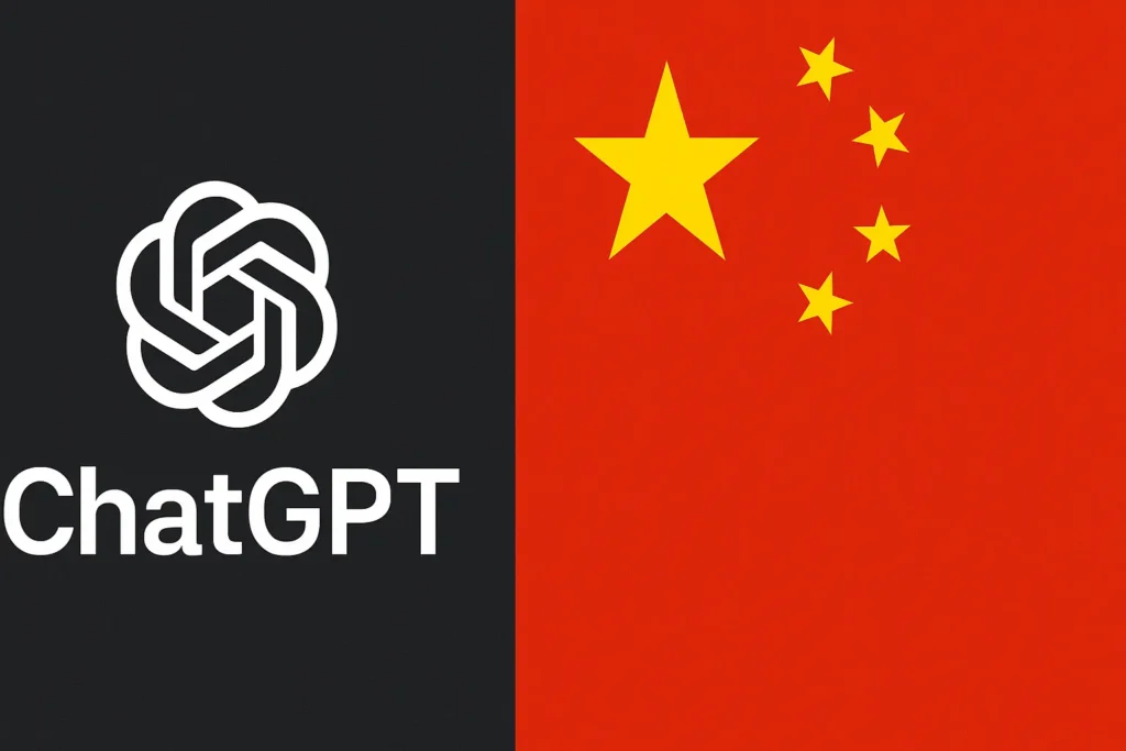 ChatGPT logo facing off with the Chinese flag – like a digital standoff between AI and censorship.