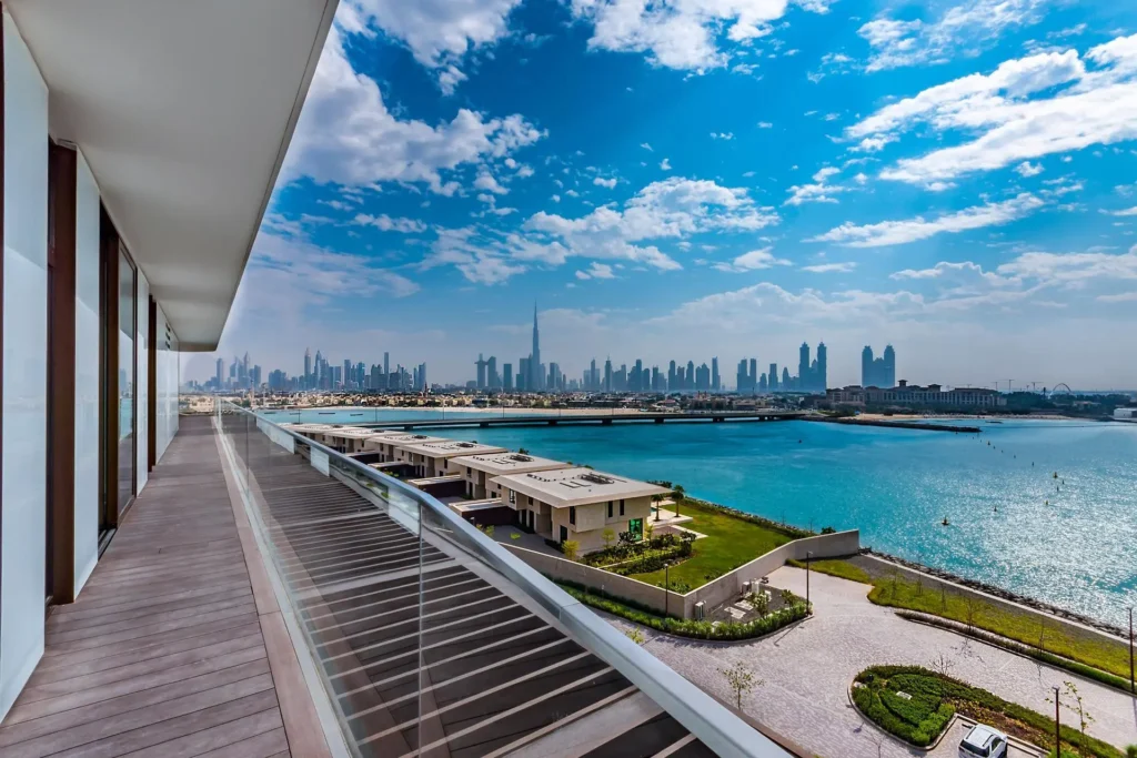 Luxury waterfront apartments in Dubai with panoramic skyline views of Downtown and Burj Khalifa.