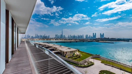 Luxury waterfront apartments in Dubai with panoramic skyline views of Downtown and Burj Khalifa.