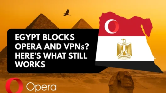 A bold digital image showing Egypt’s iconic pyramids and the Sphinx at sunset, with a black speech bubble that says “Egypt Blocks Opera and VPNs? Here’s What Still Works”. A map of Egypt filled with the national flag and Opera browser logo is placed on the right, while the Opera logo appears in the bottom-left corner.