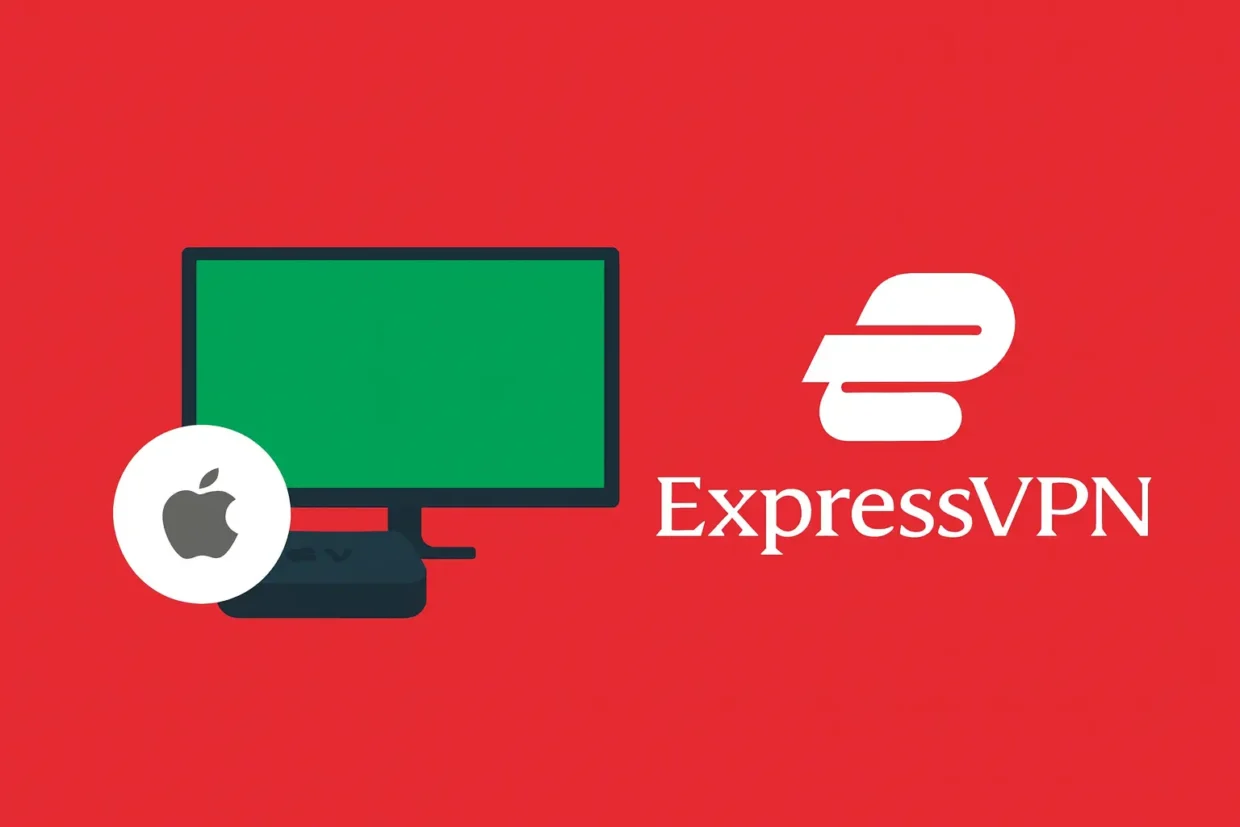 A modern smart TV and an Apple TV device shown side by side on a red background with the ExpressVPN logo, symbolizing ExpressVPN compatibility for Apple TV streaming.