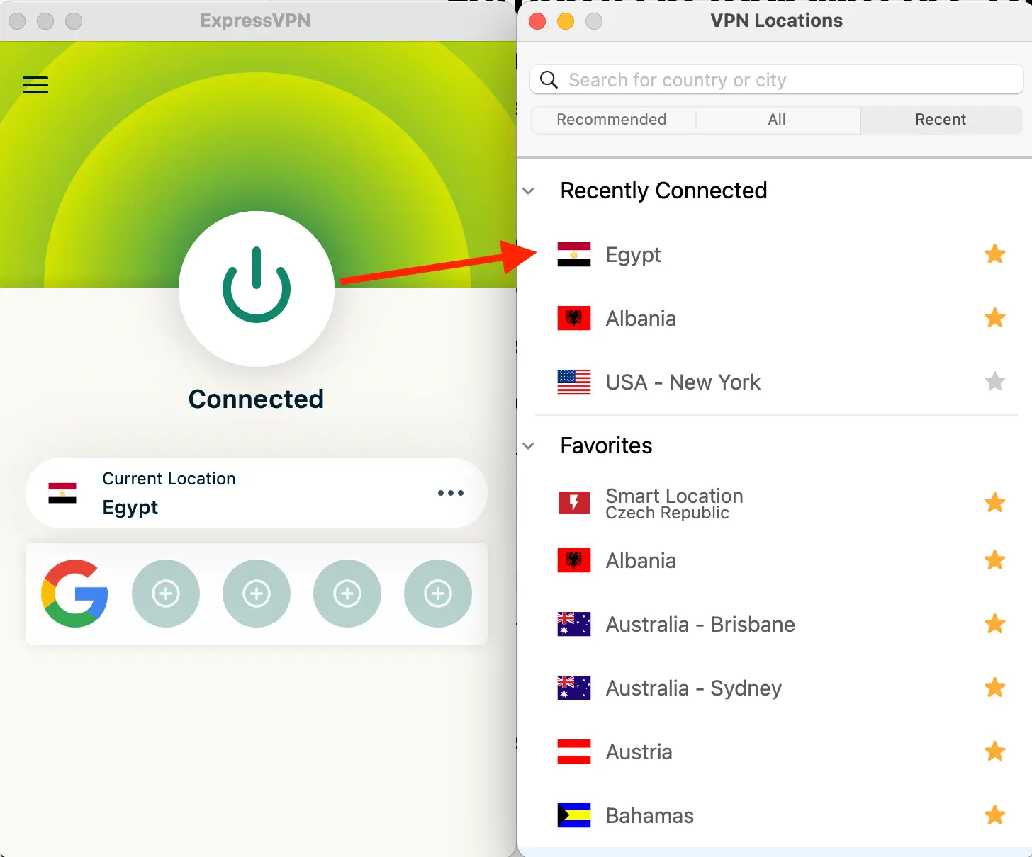 ExpressVPN app connected to Egypt server, showing recent VPN locations including Albania and USA