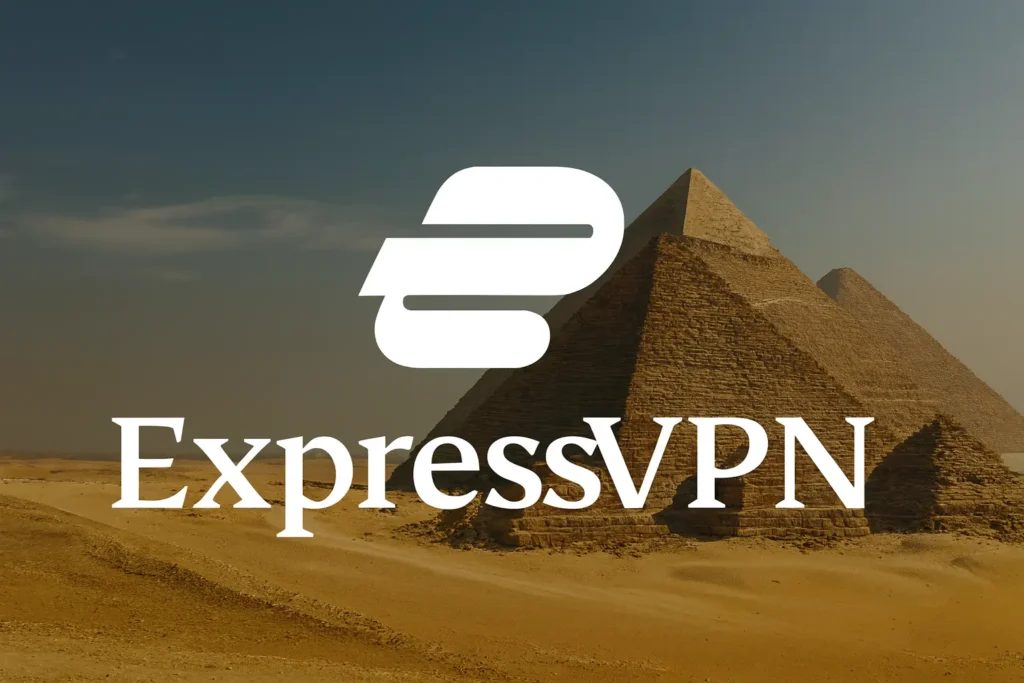 ExpressVPN logo over a desert scene with the pyramids of Giza in the background, symbolizing secure internet access in Egypt