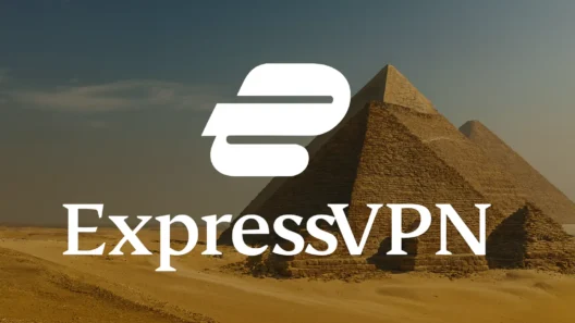 ExpressVPN logo over a desert scene with the pyramids of Giza in the background, symbolizing secure internet access in Egypt