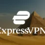 ExpressVPN logo over a desert scene with the pyramids of Giza in the background, symbolizing secure internet access in Egypt