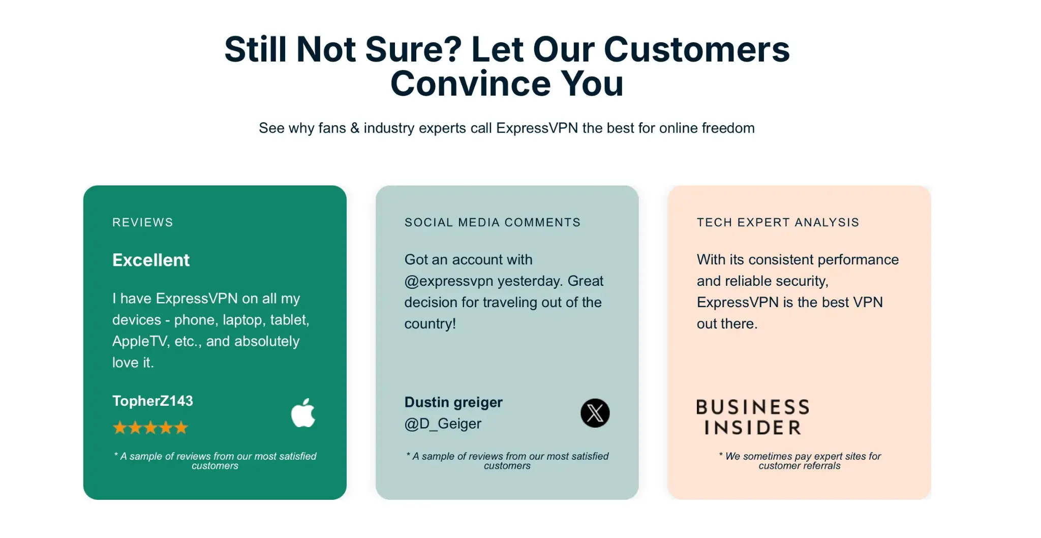 Customer reviews and social media praise for ExpressVPN service, with expert endorsements