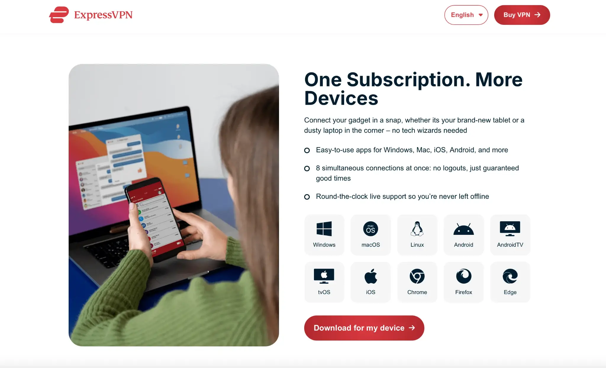 Woman using ExpressVPN app on multiple devices including laptop, smartphone, and tablet at once