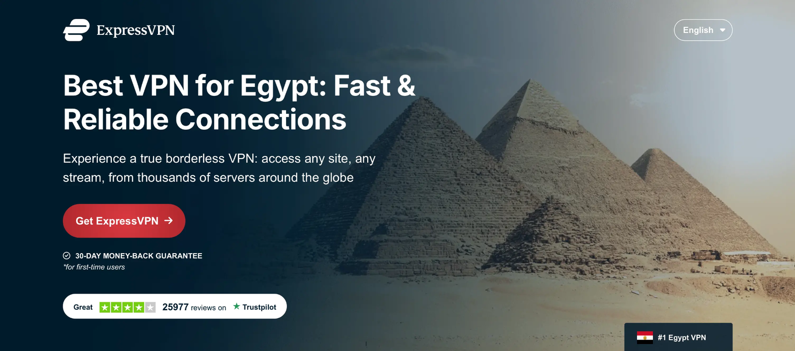 ExpressVPN homepage showing pyramids in Egypt, promoting fast and secure VPN access for travelers