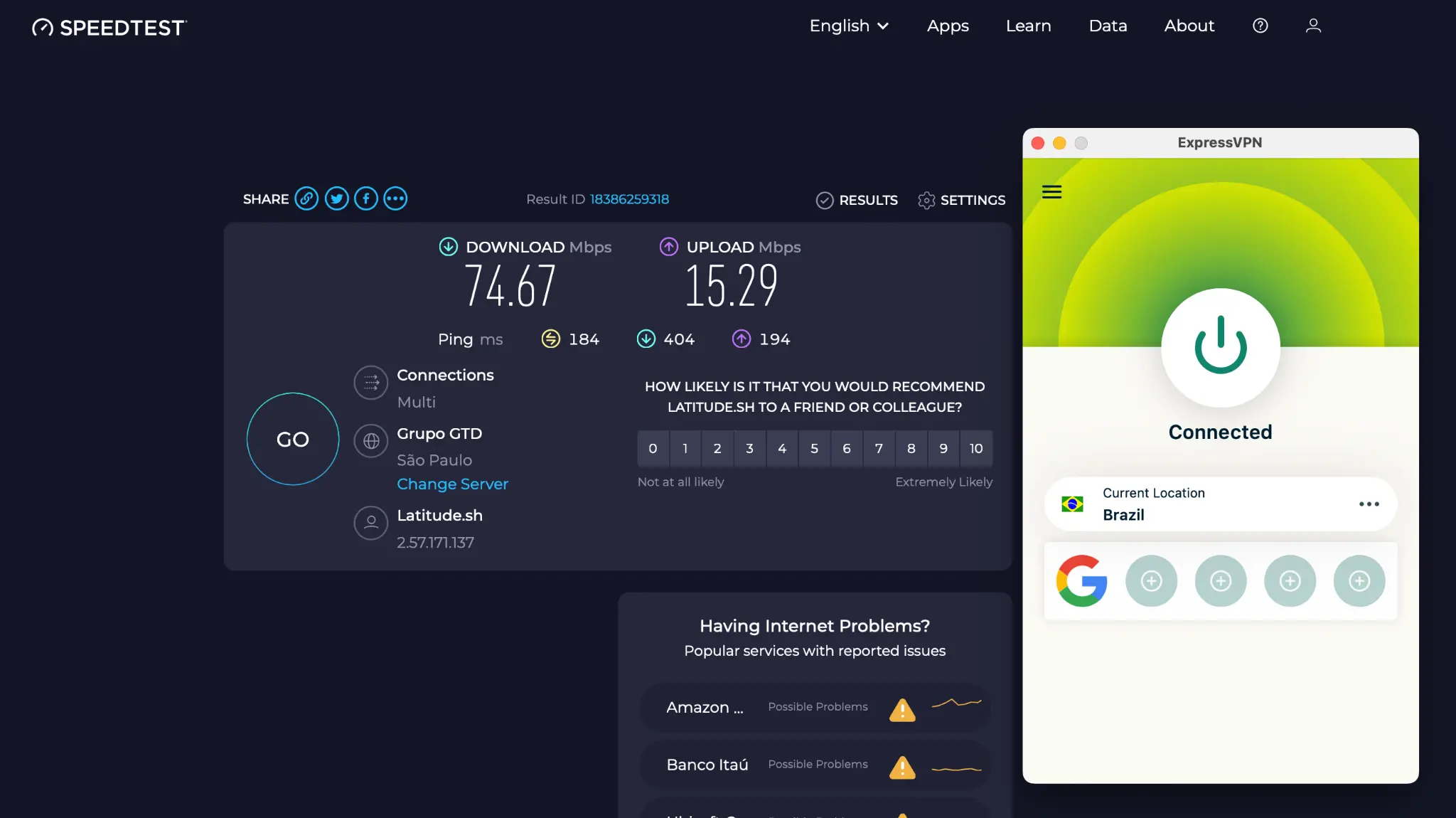 ExpressVPN Speedtest internet server - Brazil | Venclikovi.com Internet speed test in São Paulo showing strong download and upload speeds while connected to ExpressVPN Brazil server.