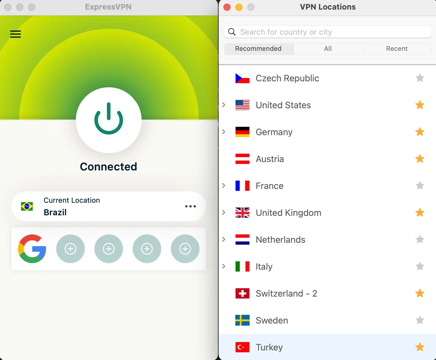 ExpressVPN app for MacOS - Macbook Pro M1 MAX | Venclikovi.com ExpressVPN app connected to Brazil server on MacBook Pro, showing available VPN locations around the world.
