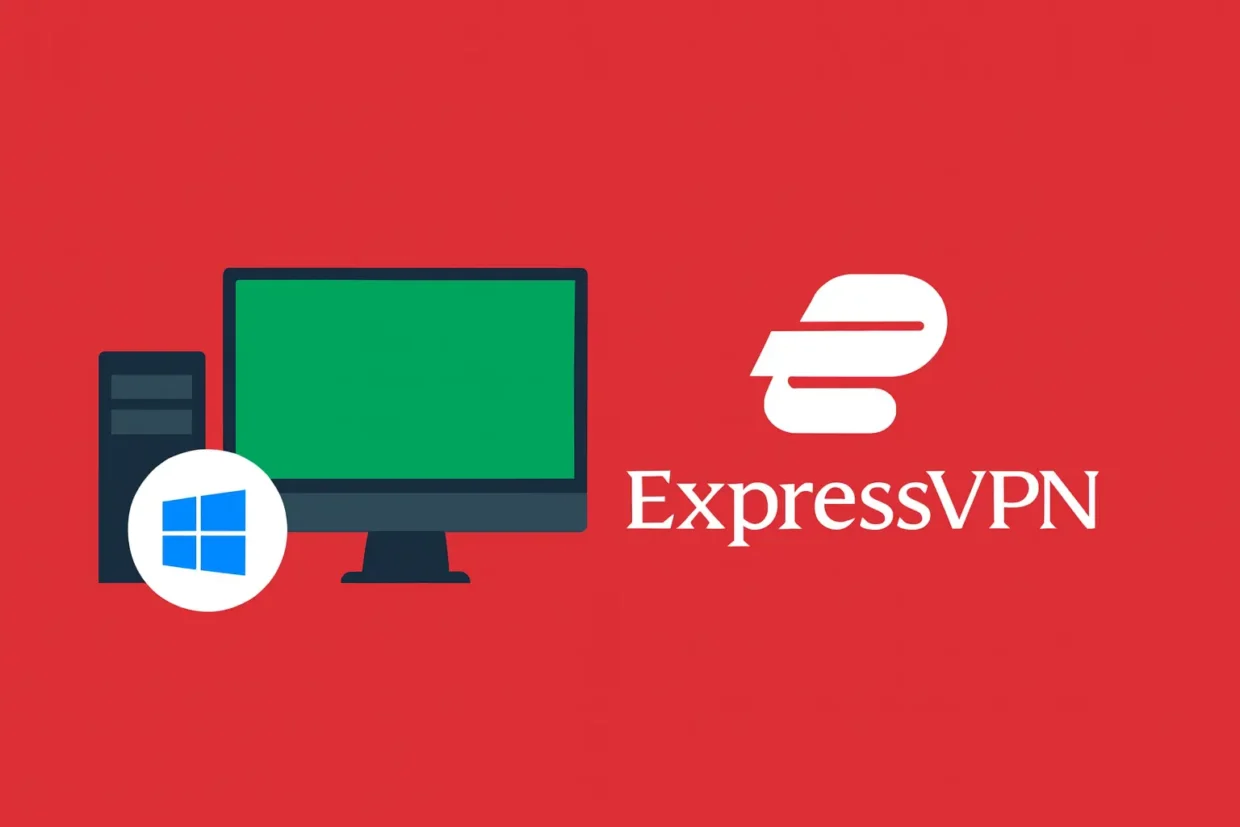 A desktop PC setup with a wide monitor shows a green ExpressVPN interface, placed next to the official ExpressVPN logo on a red background. The Windows logo sits in front, making it clear this setup is made for Windows users.