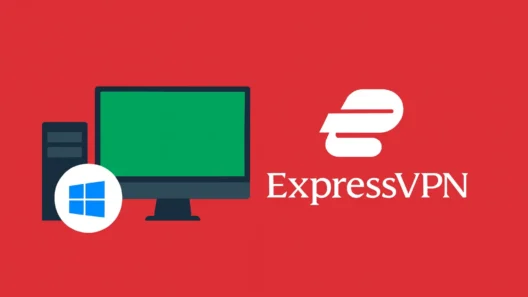 A desktop PC setup with a wide monitor shows a green ExpressVPN interface, placed next to the official ExpressVPN logo on a red background. The Windows logo sits in front, making it clear this setup is made for Windows users.