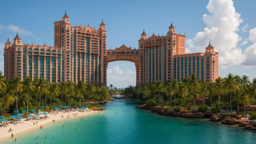 Scenic view of Atlantis Paradise Island resort in the Bahamas with turquoise ocean, palm trees, and the iconic pink towers shining under the tropical sun.