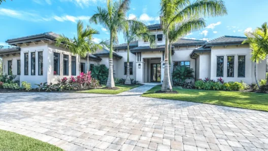 Modern tropical-style house with big windows, palm trees and a wide paved driveway under a bright blue sky.