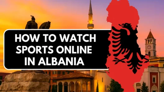 Banner showing how to stream sports in Albania, with the Albanian flag over a red map and a Tirana sunset in the background – total Balkan vibes!
