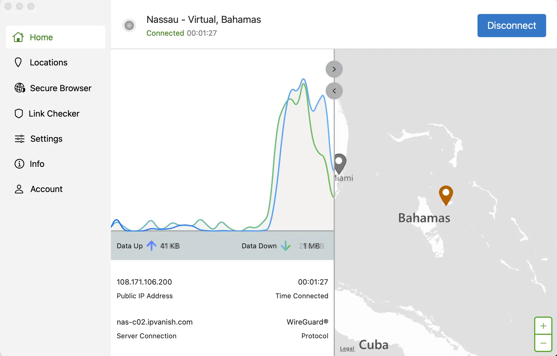 IPVanish app for MacOS - connect to Nassau Bahamas | Venclikovi.com IPVanish app connected to a virtual Bahamas server from a MacBook, showing data usage and a map with a Miami server location.
