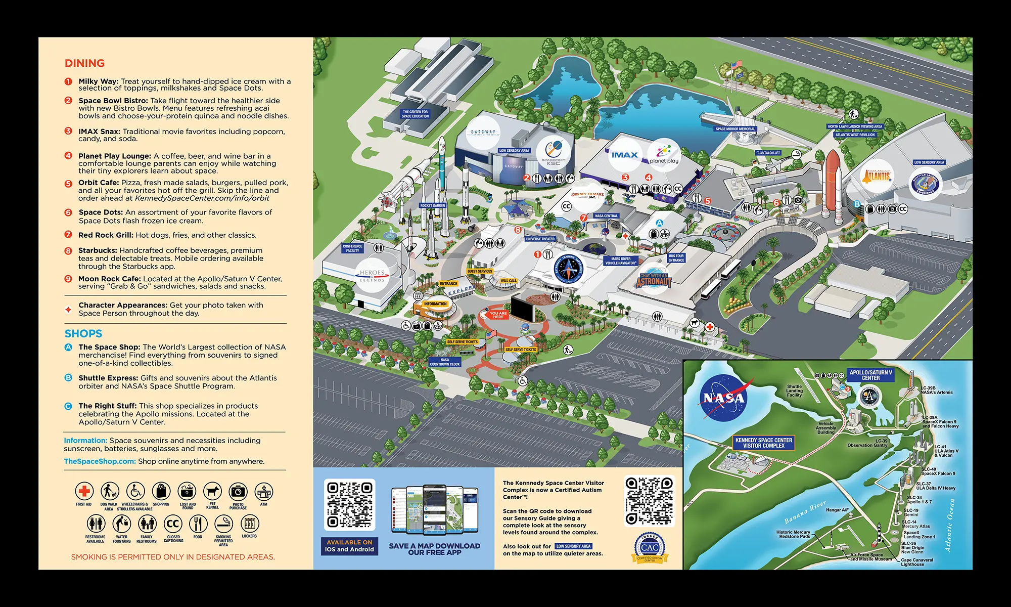 Illustrated visitor map of Kennedy Space Center showing major attractions, dining spots, IMAX theater, rocket displays, launch viewing areas, and transportation routes across the complex.