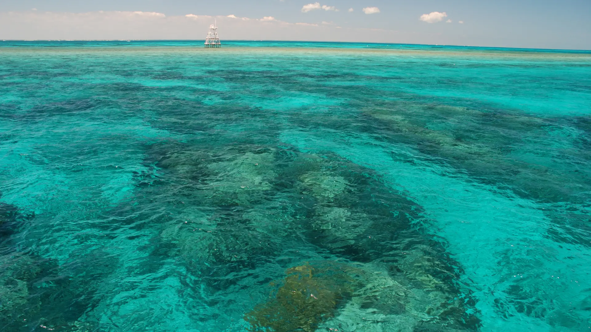 A calm day over the John Pennekamp Coral Reef waters near Key Largo, with hints of coral reef visible beneath the surface.