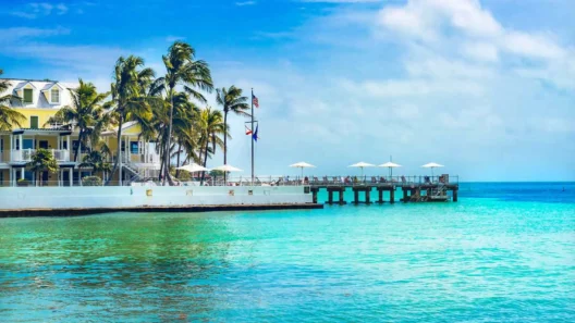 Historic white guesthouses and a palm-lined dock over turquoise water in Key West, capturing the tropical charm of the island.