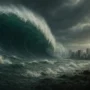 A realistic depiction of a massive tsunami wave towering over a coastal city under dark storm clouds, showing dramatic motion and detailed ocean textures.
