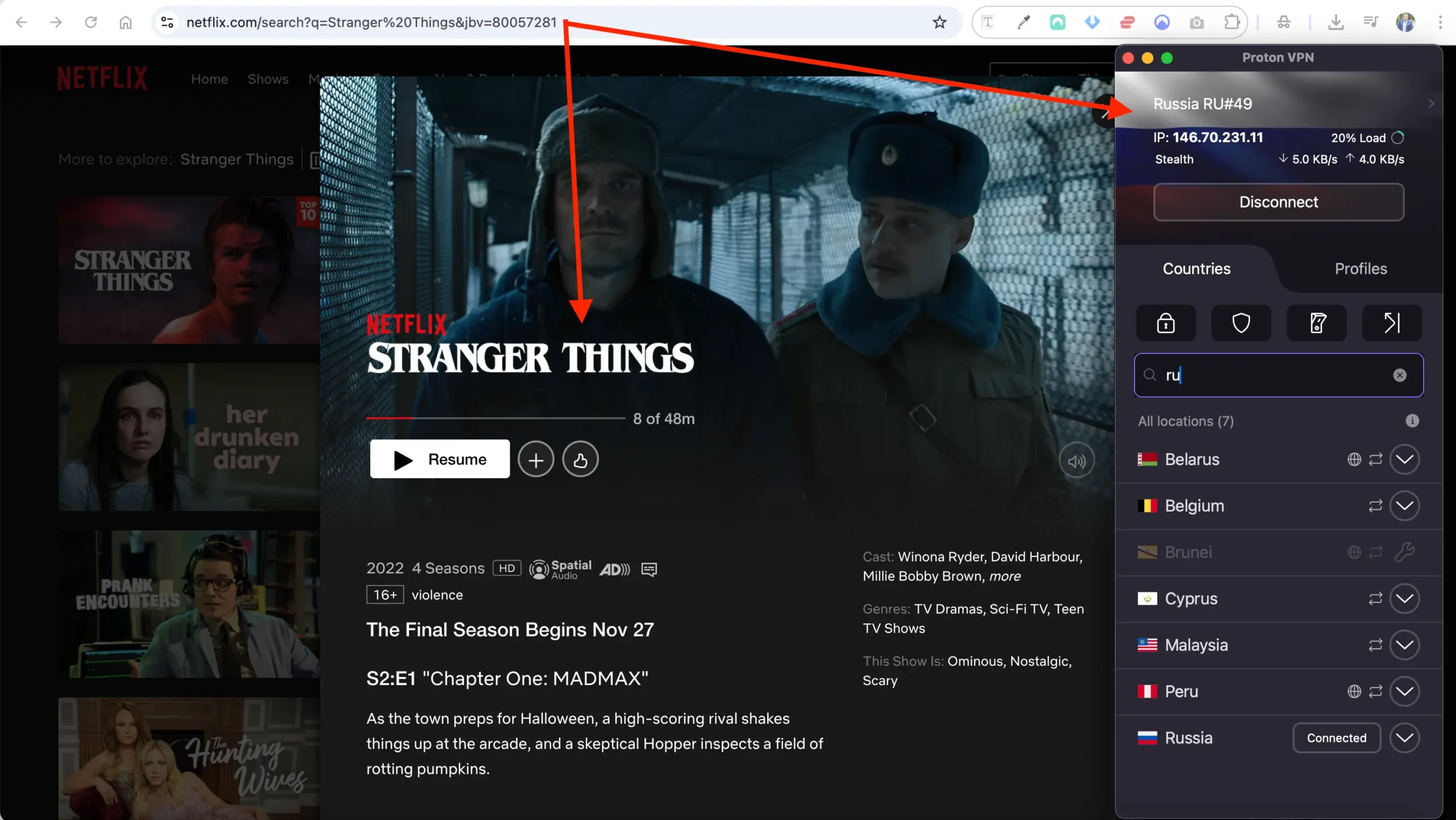 Netflix Stranger Things - Proton ON protocol Stealth server 49 Moscow | Venclikovi.com Streaming Stranger Things on Netflix while connected to ProtonVPN’s Russia server #49 using Stealth protocol — proof it actually worked in Moscow.