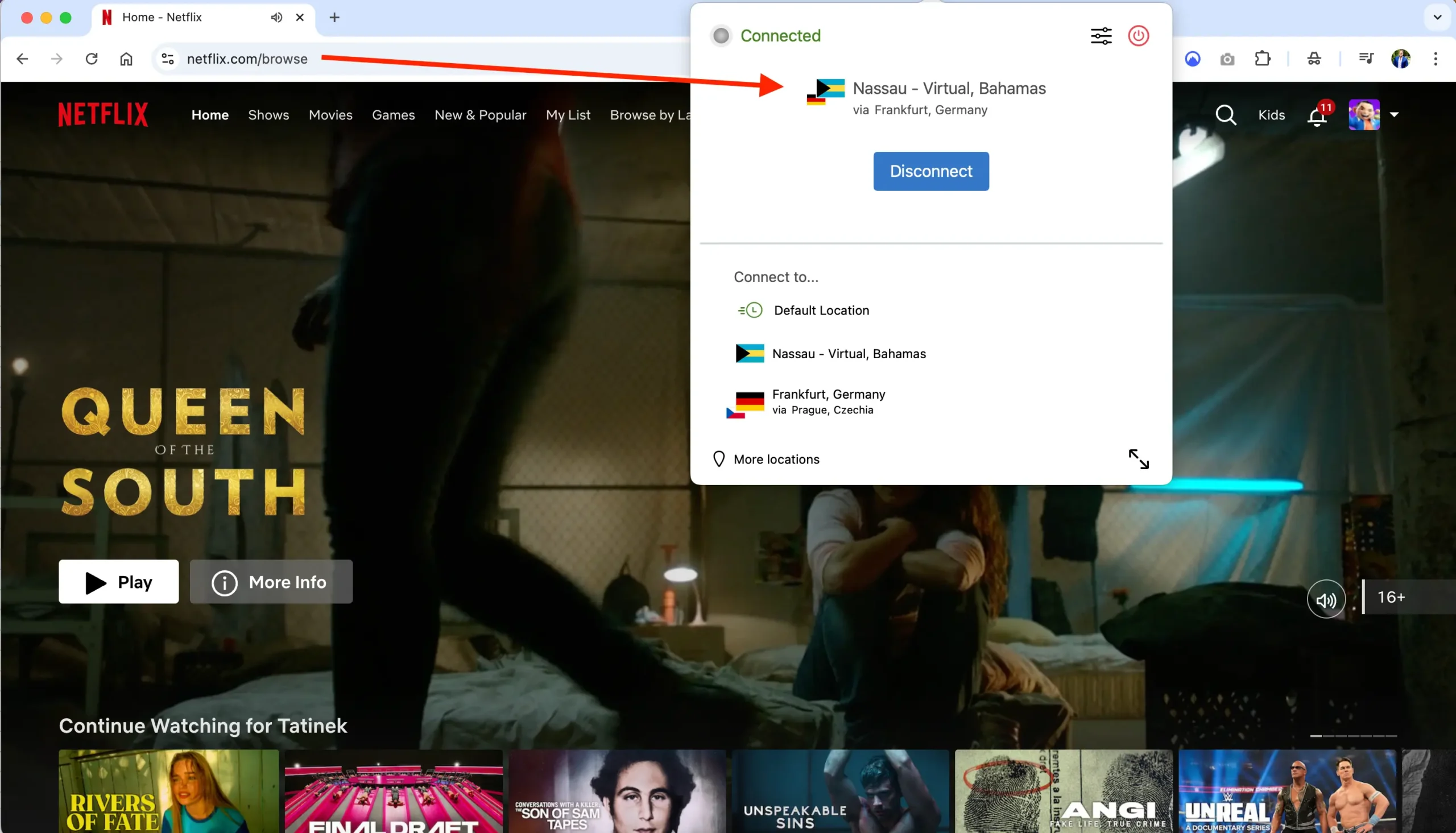 Netflix with IPVanish - Bahamas Nassau | Venclikovi.com Netflix homepage open while connected to IPVanish server in Nassau, Bahamas, showing successful streaming access via virtual location.