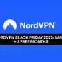 Blue NordVPN ad showing their 2025 Black Friday deal with 77% off and 3 free months, logo on top and bold sale text below.