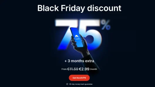 NordVPN Black Friday deal showing 75 percent off and a phone with the NordVPN app. Price drops from €11.59 to €2.99 per month with 3 extra months free.