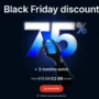 NordVPN Black Friday deal showing 75 percent off and a phone with the NordVPN app. Price drops from €11.59 to €2.99 per month with 3 extra months free.