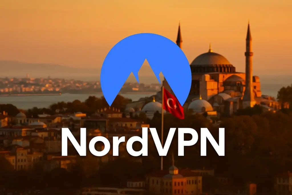 NordVPN logo centered over a warm sunset view of Istanbul, Turkey, featuring the Hagia Sophia and a Turkish flag, with golden light reflecting across the city skyline in a modern 16:9 promotional banner style.