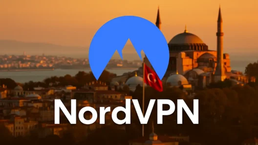 NordVPN logo centered over a warm sunset view of Istanbul, Turkey, featuring the Hagia Sophia and a Turkish flag, with golden light reflecting across the city skyline in a modern 16:9 promotional banner style.
