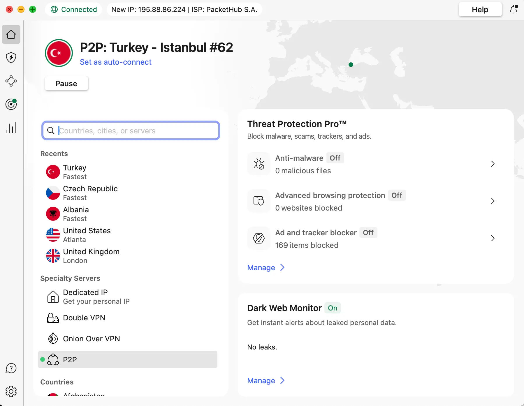 Screenshot of NordVPN connected to a Turkey Istanbul P2P server, showing server list and threat protection features.
