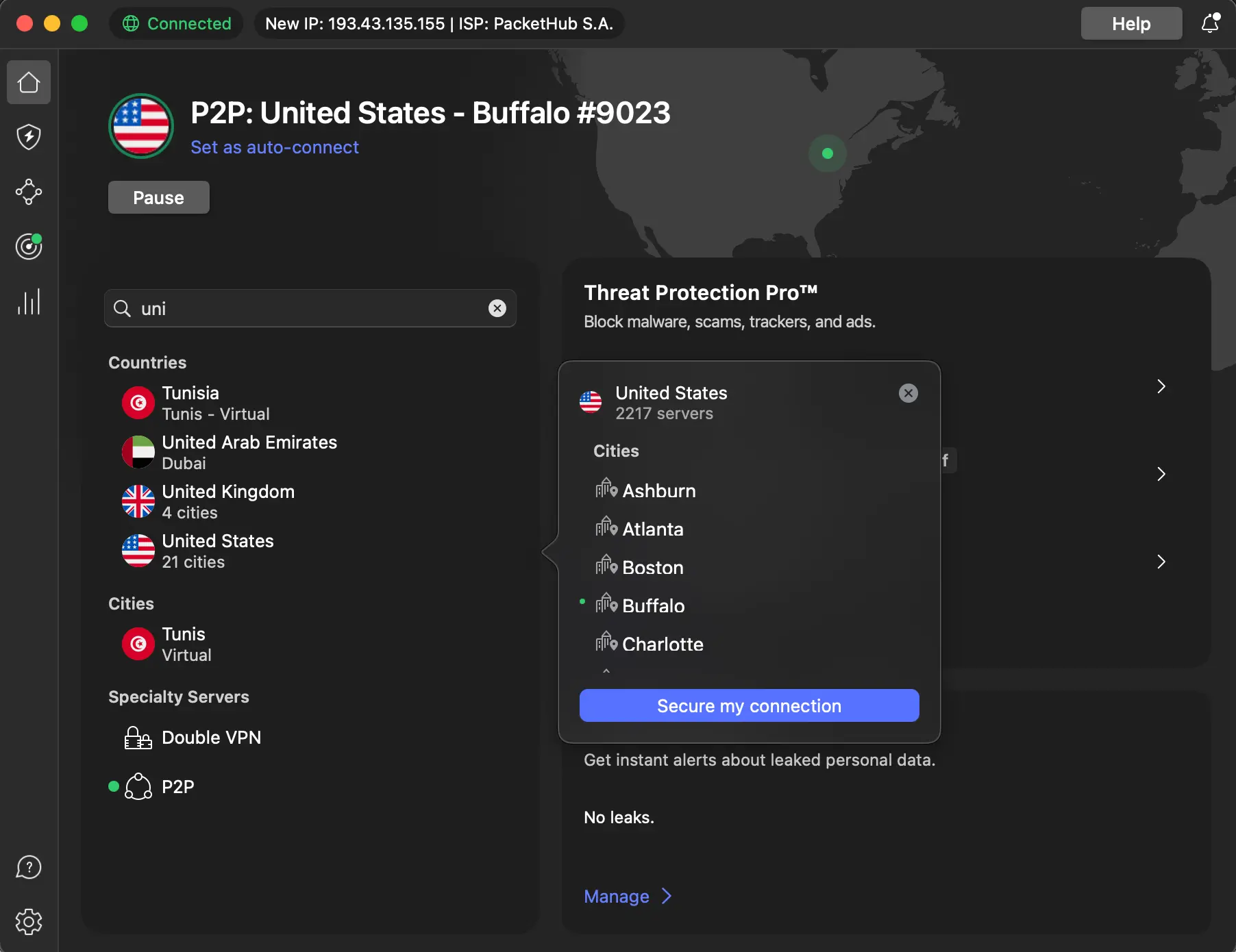 NordVPN interface showing Buffalo server connection for watching Xfinity TV