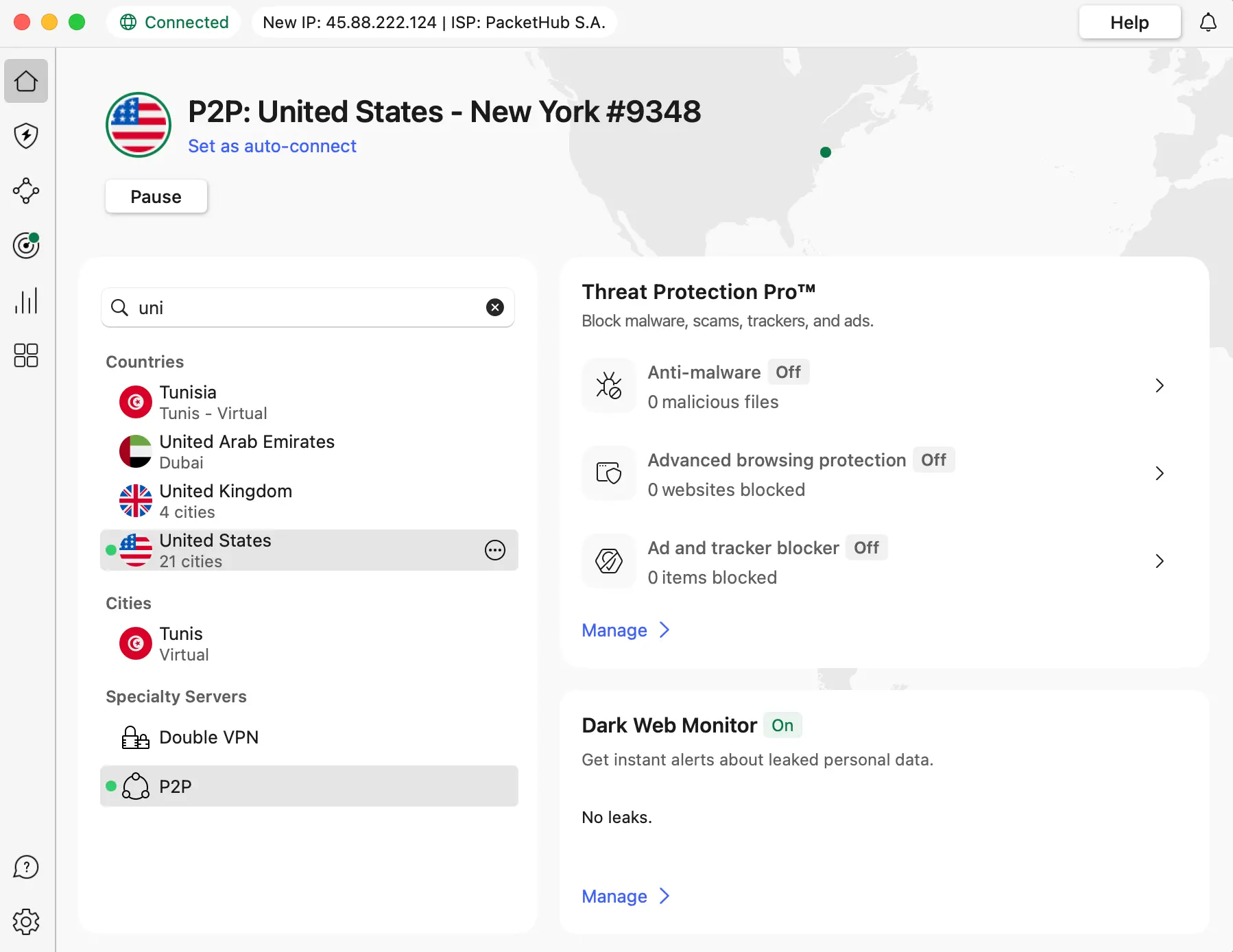Screenshot of the NordVPN app on Mac showing an active P2P connection to New York, with Threat Protection Pro and Dark Web Monitor settings visible.