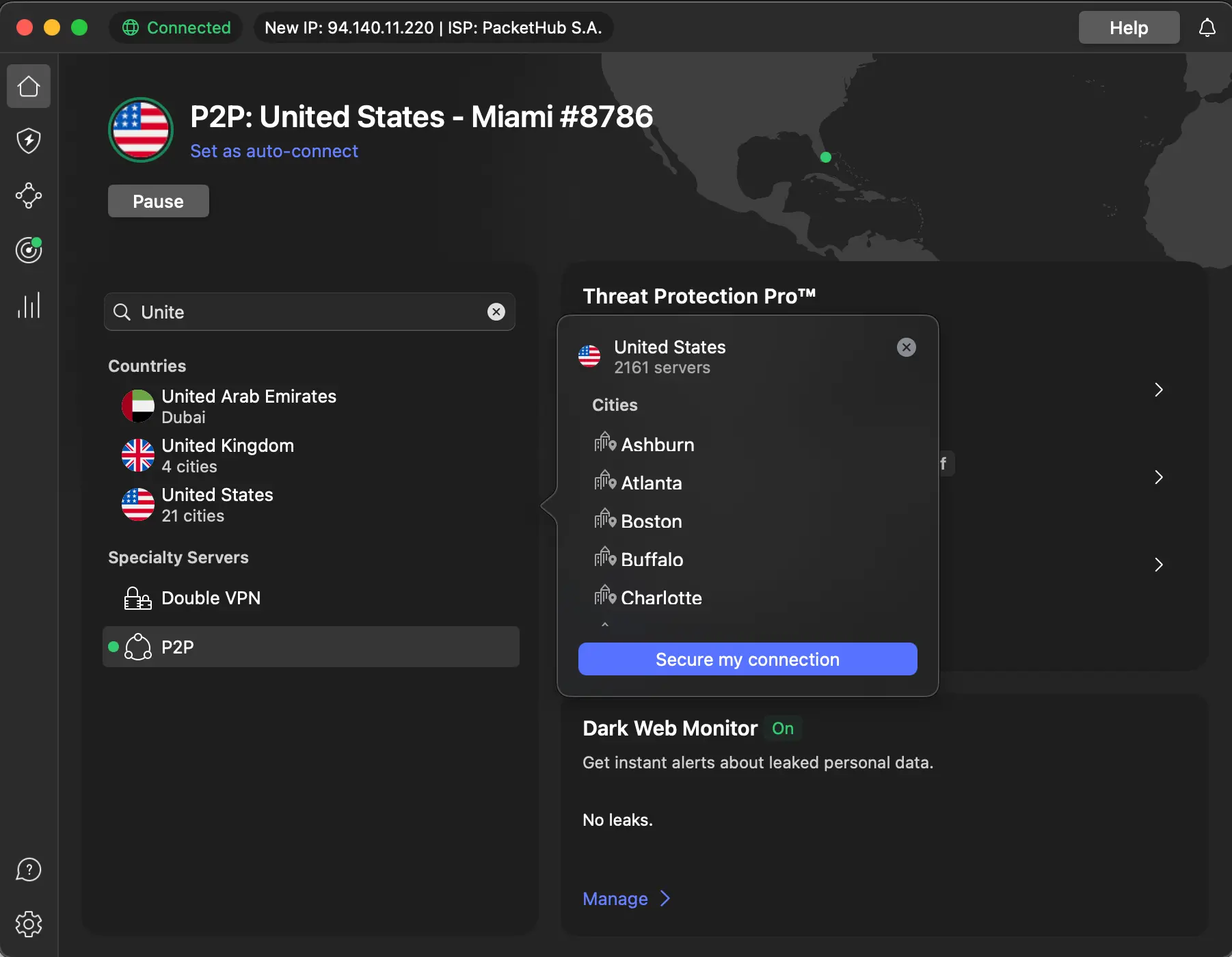 Screenshot of NordVPN app connected to a U.S. server in Miami with P2P enabled, showing over 2,000 servers across 21 U.S. cities and active Threat Protection Pro.