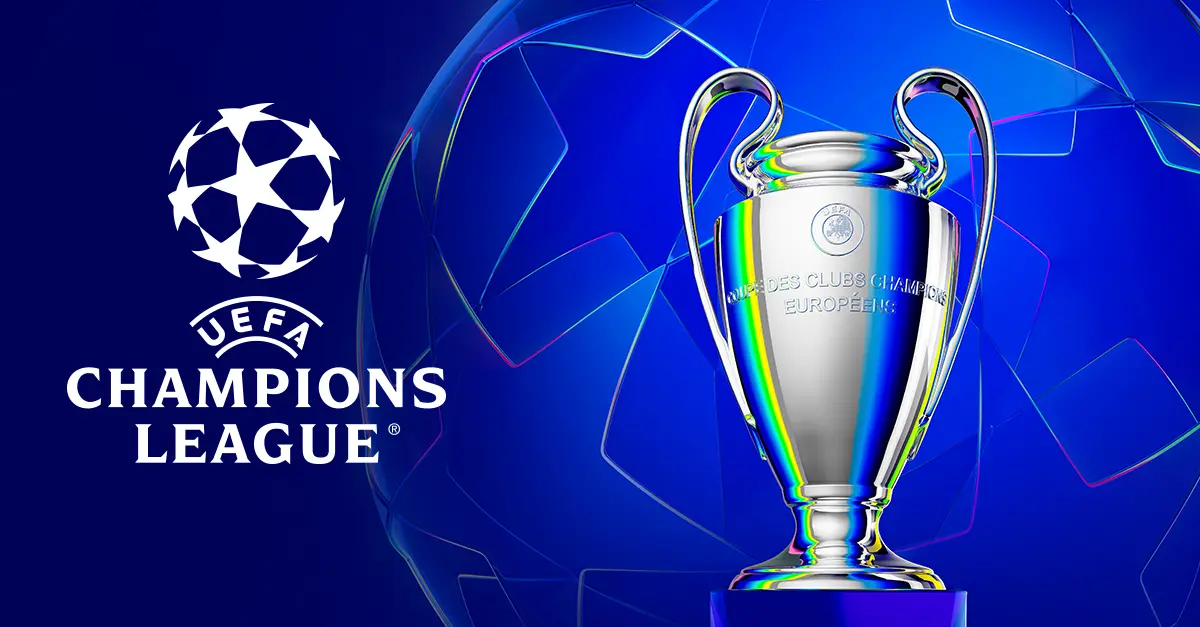 UEFA Champions League trophy on a blue background next to the official logo.
