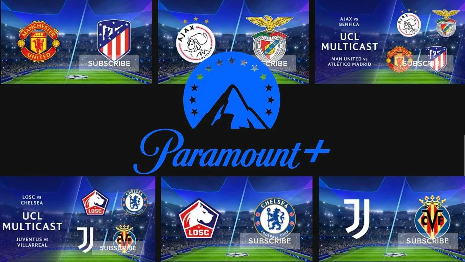 Paramount+ promotional graphic showing multiple UEFA Champions League matches including Manchester United, Atlético Madrid, Ajax, Benfica, Juventus and Chelsea.