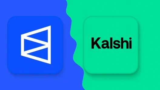Side-by-side comparison of Polymarket and Kalshi logos on blue and green backgrounds, visually representing the contrast between the two prediction market platforms.