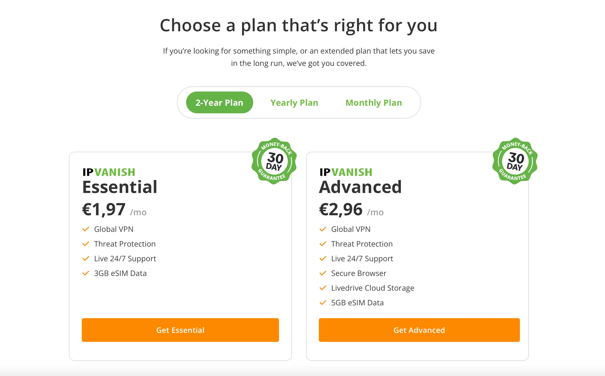 Pricing and Plans IPVanish | Venclikovi.com IPVanish pricing plans comparison showing the Essential plan for €1.97 per month and the Advanced plan for €2.96 per month, both with a 30‑day money‑back guarantee.