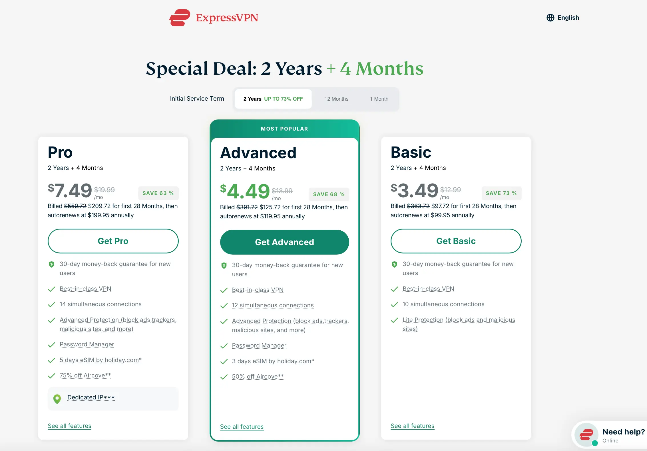 Pricing table ExpressVPN | Venclikovi.com Official ExpressVPN 2025 pricing table showing the 2-year + 4-month deal with three plans: Basic at .49/month, Advanced at .49/month, and Pro at .49/month, each with 30-day money-back guarantee and multiple device support.